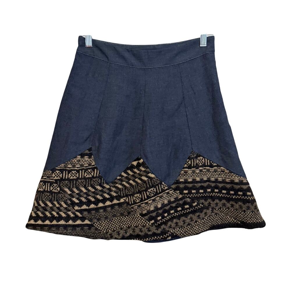 Preloved Patchwork Wool A-Line Skirt S Blue Academia Cottagecore Vintage Boho